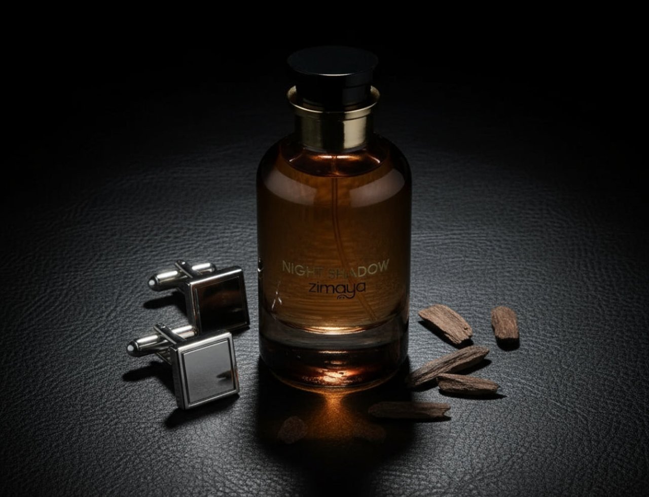 Zimaya Night Shadow by Zimaya 100ml EDP Unisex — Botol minyak wangi kaca perang amber dengan perincian emas, bersama cufflink perak berbentuk segi empat dan serpihan kayu oud bertaburan di permukaan hitam bertekstur.