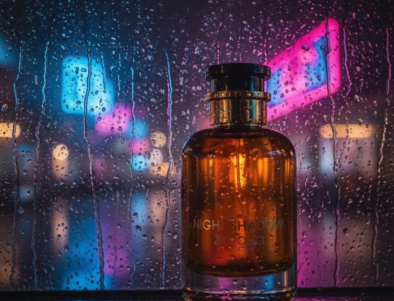 Zimaya Night Shadow by Zimaya 100ml EDP Unisex — Amber glass perfume bottle with gold accents, set against a rainy window with blurred neon lights in blue and pink.