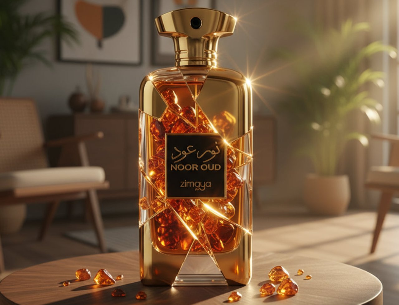 Zimaya Noor Oud Dubai — Botol minyak wangi emas dengan kristal berwarna ambar di dalam, diletakkan di atas meja kayu dengan serpihan ambar bertaburan, di dalam bilik bermandikan cahaya matahari dengan tumbuhan.