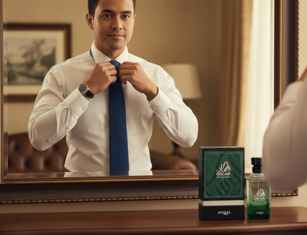 Zimaya Oscar by Zimaya 100ml EDP Men — Lelaki berbaju putih dan tali leher biru sedang mengemaskan tali lehernya di hadapan cermin, bersama botol dan kotak minyak wangi Zimaya Oscar di atas meja solek.