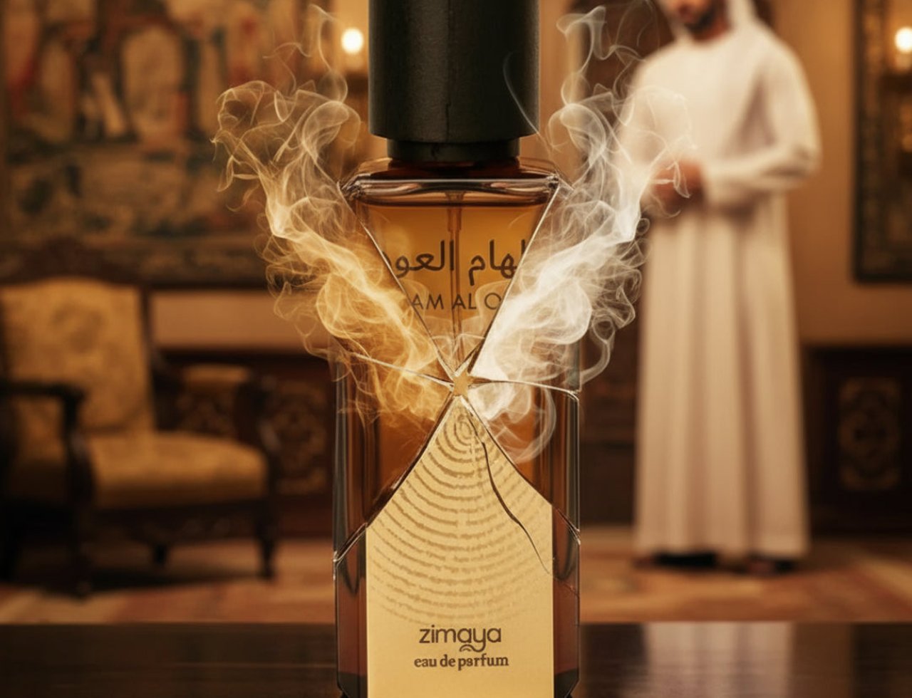 Zimaya Ilham Al Oud by Zimaya 100ml EDP Unisex — Amber glass perfume bottle with black cap, surrounded by wisps of smoke, set against a blurred background of a man in traditional attire and ornate furnishings.