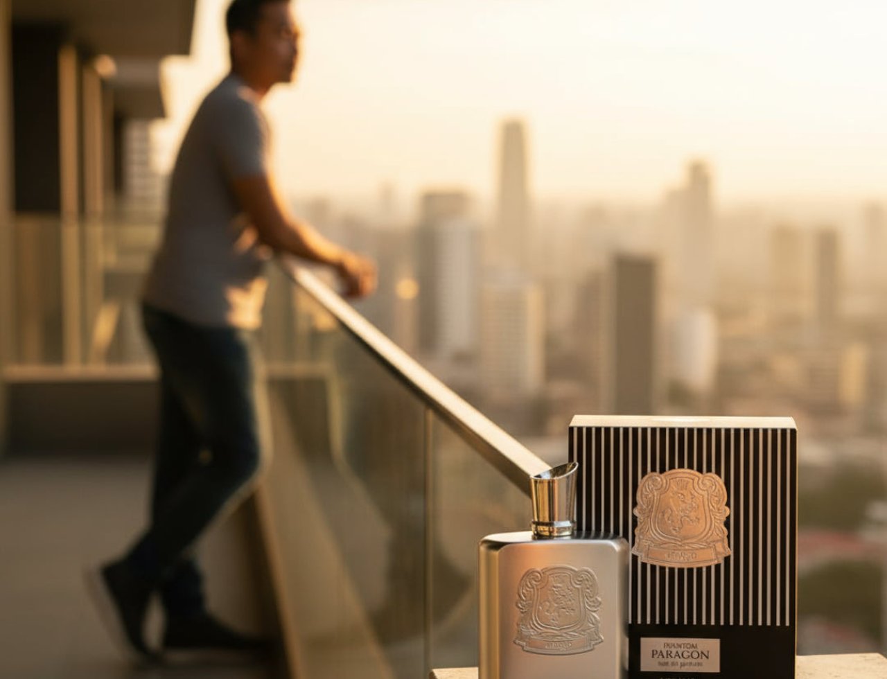 Zimaya Phantom Paragon by Zimaya EDP 100ml Man — Botol wangian perak dan kotaknya terletak di atas unjuran dengan seorang lelaki kabur memandang ke arah langit bandar ketika matahari terbenam di latar belakang.