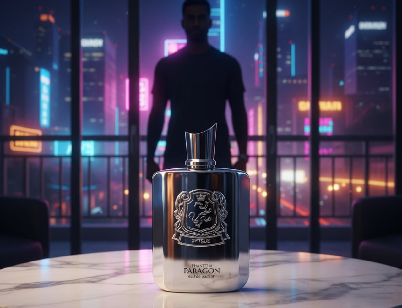 Zimaya Phantom Paragon by Zimaya EDP 100ml Man — A silver perfume bottle with a crest logo sits on a marble table, with a blurred silhouette of a man standing in front of a neon-lit cityscape at night.