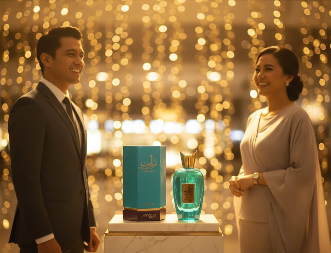 Zimaya Rabab Blue by Zimaya 100ml EDP Unisex — Seorang lelaki berbaju sut dan wanita berbaju kurung berdiri tersenyum di kedua sisi botol minyak wangi teal dan kotaknya, dipamerkan di atas alas marmar berlatarkan lampu emas bokeh.