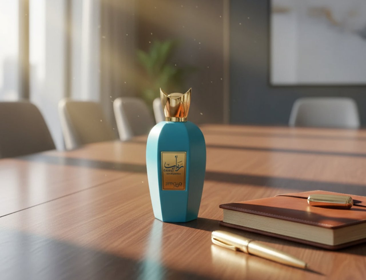 Zimaya Rabab Blue by Zimaya 100ml EDP Unisex — Teal perfume bottle with gold cap and label, placed on a wooden table next to a leather-bound notebook and a gold pen, with soft light filtering from the left.