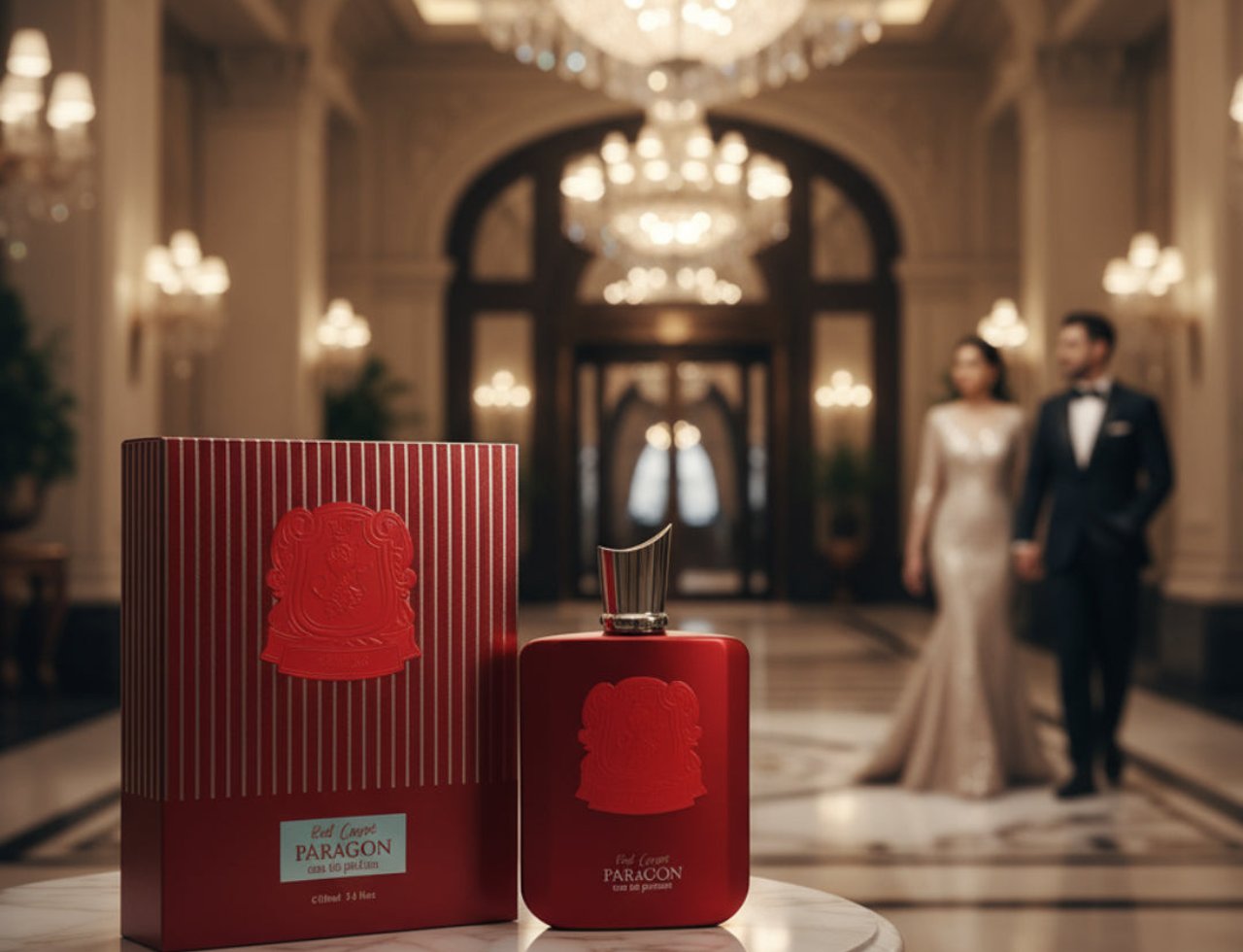 Zimaya Red Carpet Paragon EDP 100ml — Red perfume bottle and box on a marble table, with a couple in formal wear walking in the background of a grand hall.