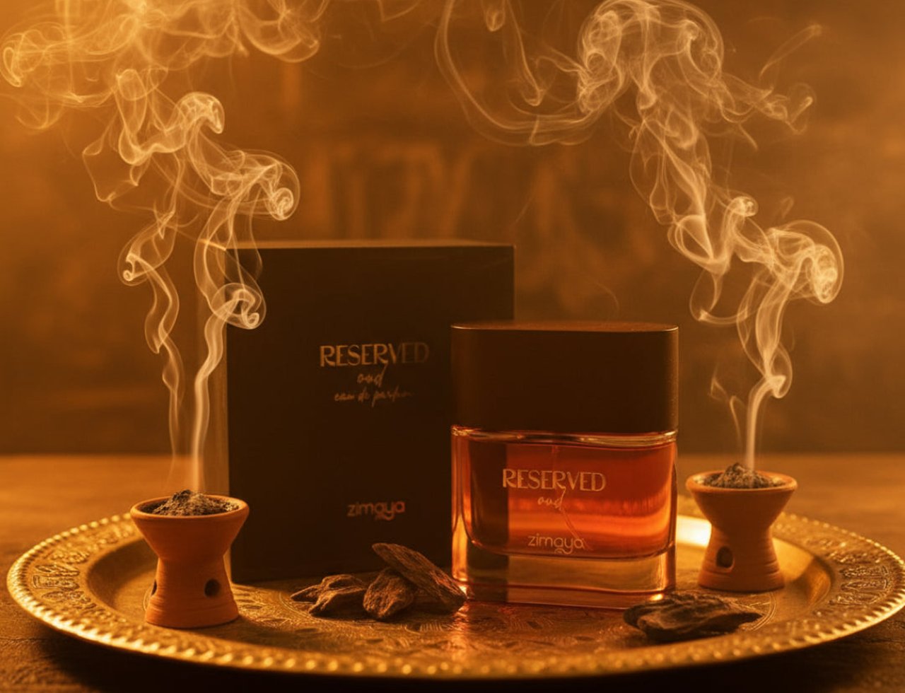 Zimaya Reserved Oud EDP 100 ml Unisex — A glass perfume bottle with amber liquid and a black cap, placed on a golden tray with incense burners emitting smoke, oud wood pieces, and a black product box.