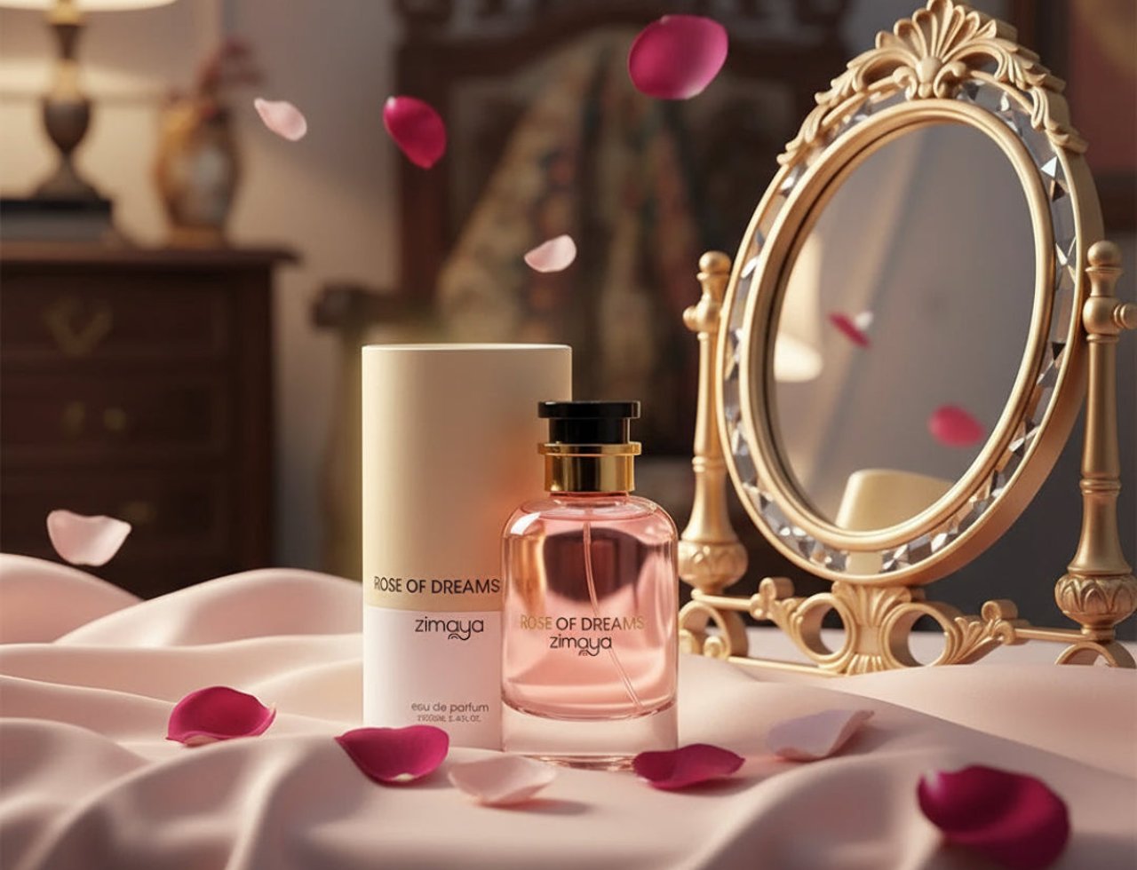 Zimaya Rose of Dreams by Zimaya 100ml EDP Women — Botol minyak wangi merah jambu dan kotaknya yang berbentuk silinder terletak di atas kain satin merah jambu, dikelilingi kelopak mawar yang bertaburan, dengan cermin emas hiasan di latar belakang.