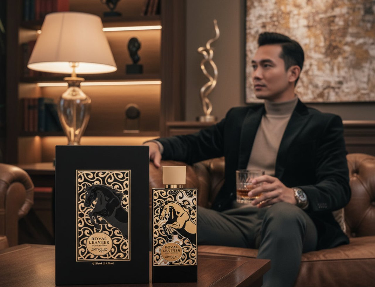 Zimaya Royal Leather by Zimaya EDP 100ml — A man in a velvet jacket sits on a leather sofa holding a glass of whiskey, with the perfume box and bottle displayed on a wooden table in the foreground.