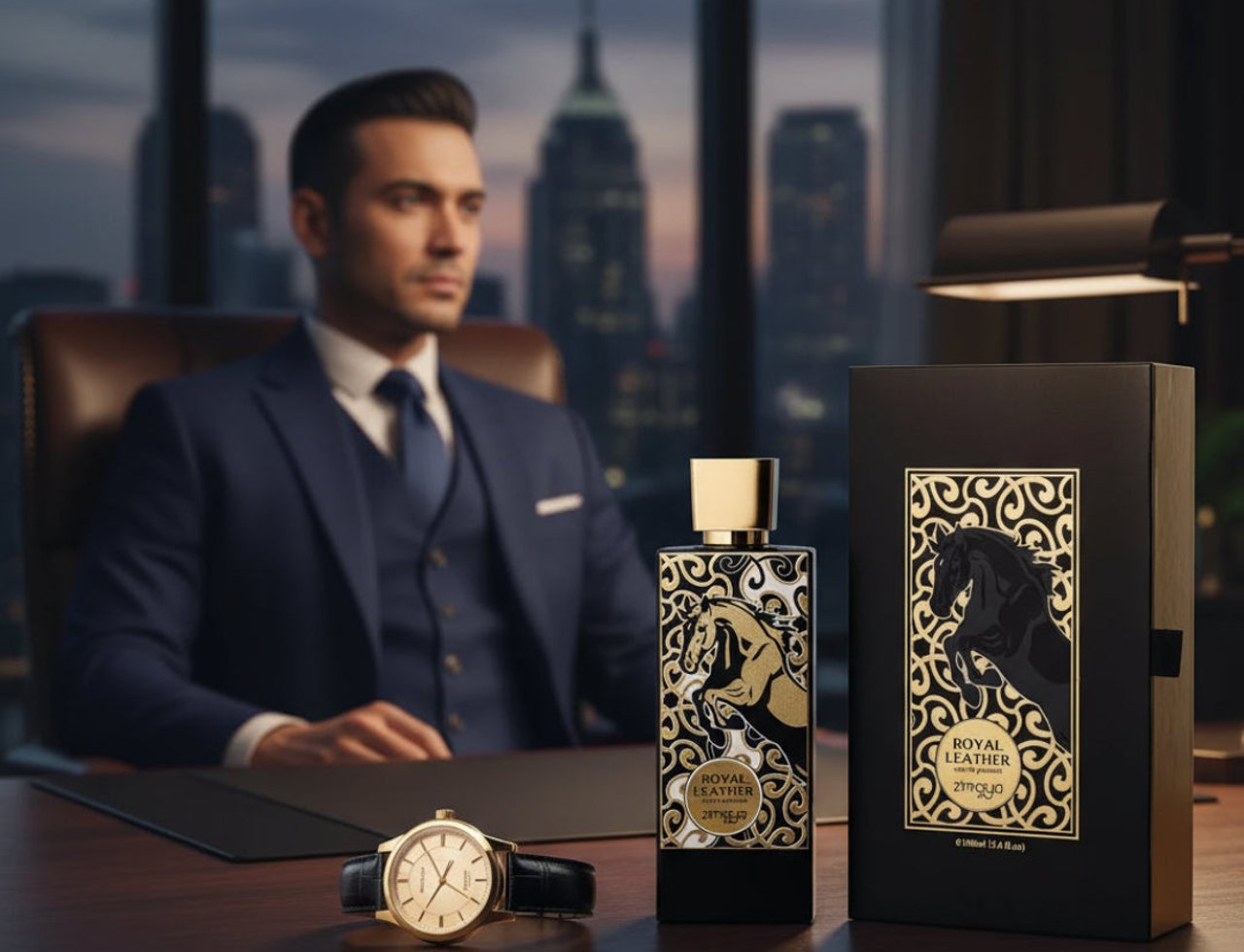 Zimaya Royal Leather by Zimaya EDP 100ml — Seorang lelaki berbaju korporat duduk di pejabat dengan pemandangan bandar, bersama botol minyak wangi Royal Leather dan jam tangan di atas meja.