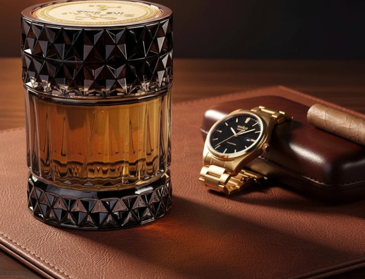 Zimaya Sharaf The Club by Zimaya 100ml Extrait Men — Botol minyak wangi kaca berfaset dengan cecair keemasan terletak di atas tikar kulit coklat bersebelahan jam tangan emas dan cerut