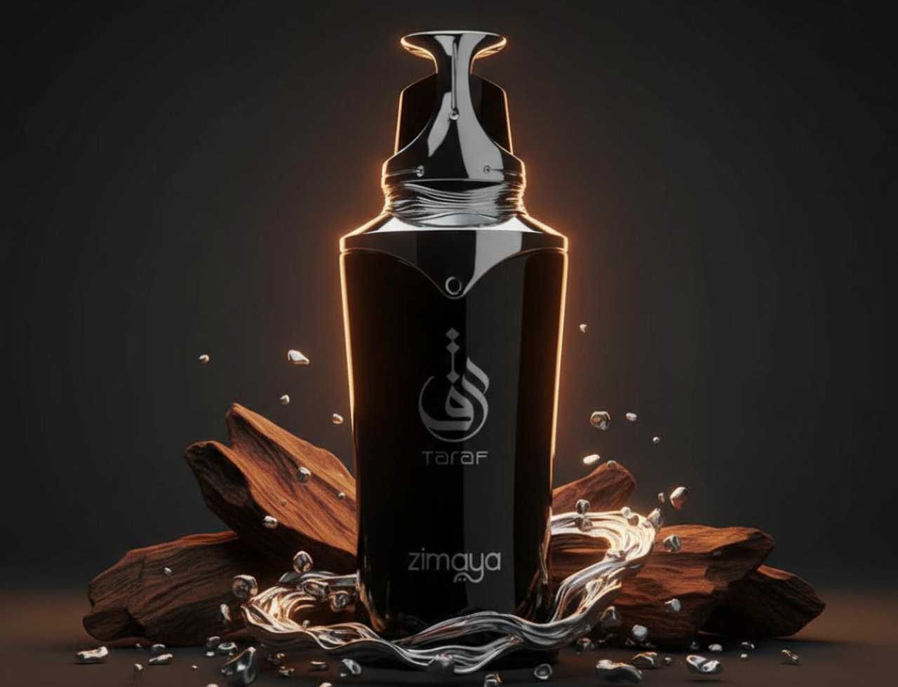 Zimaya Taraf Black by Zimaya 100ml EDP Men — Black perfume bottle with gold accents, surrounded by dark wood pieces and splashing liquid.
