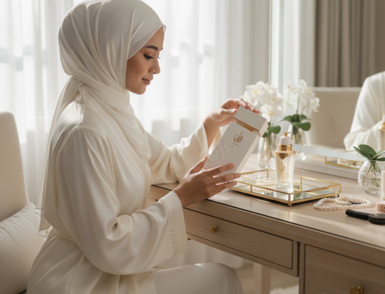 Zimaya Taraf White by Zimaya 100ml EDP Women — Wanita bertudung dan berjubah putih membuka kotak minyak wangi putih berlampiran emas, duduk di meja solek bersama botol minyak wangi dan mutiara.
