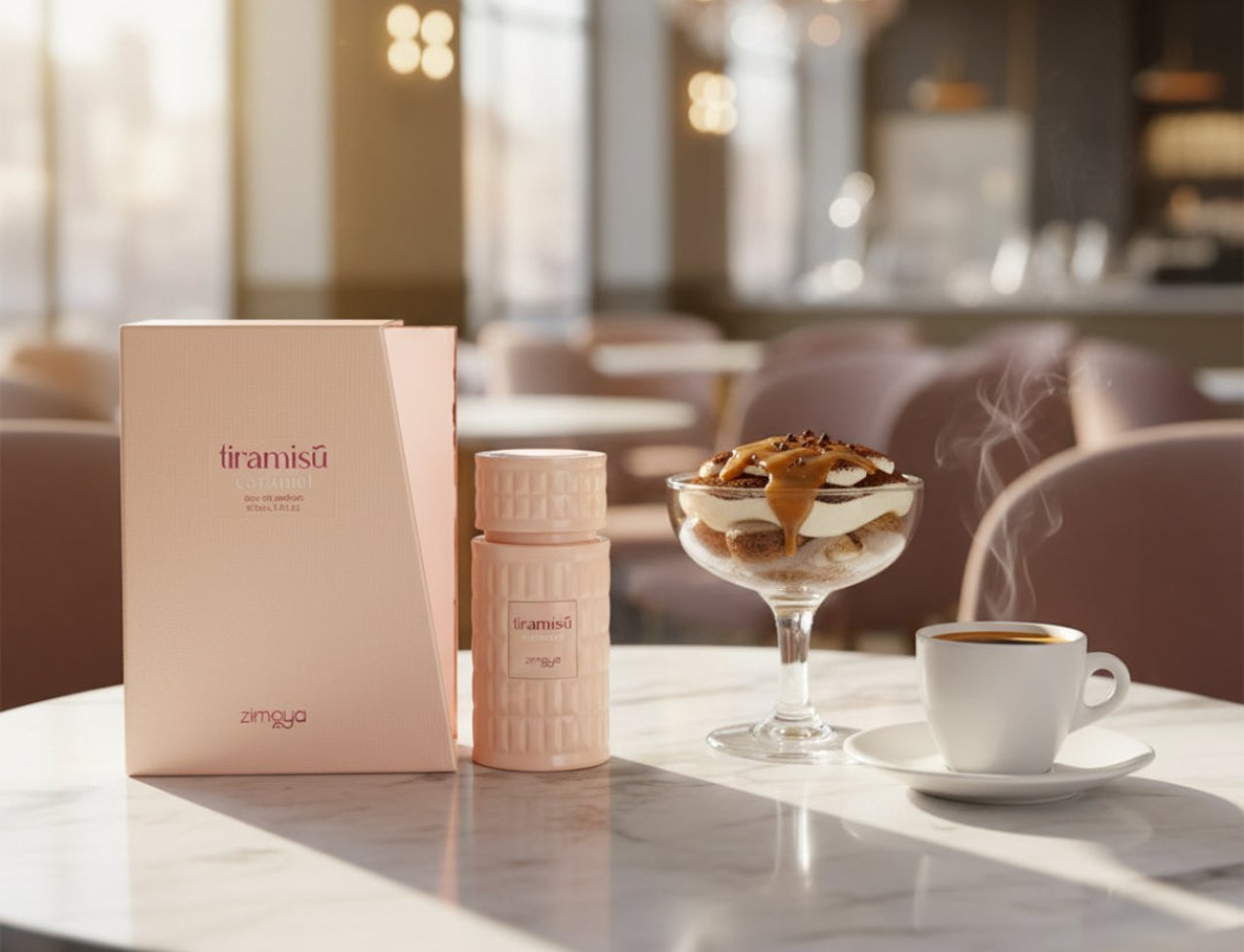 Zimaya Tiramisu Caramel By Zimaya 100 ml EDP — Kotak dan botol wangian Zimaya Tiramisu Caramel berwarna merah jambu dipamerkan di atas meja marmar bersebelahan pencuci mulut tiramisu dan secawan kopi.