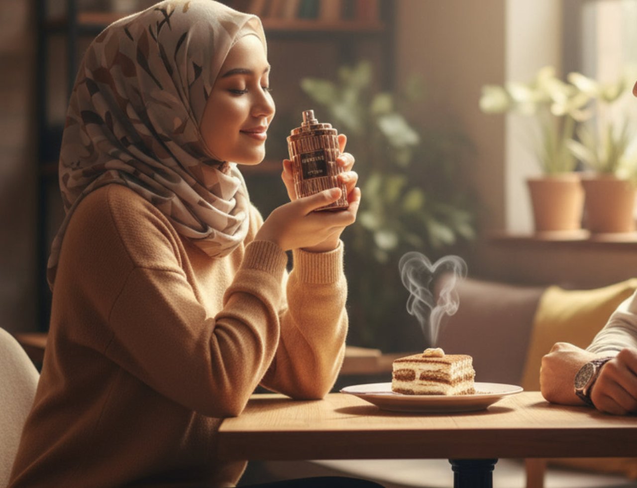 Zimaya Tiramisu Coco by Zimaya 100 ml EDP Unisex — Wanita bertudung menghidu botol minyak wangi, dengan sepotong kek tiramisu dan wap berbentuk hati di atas meja