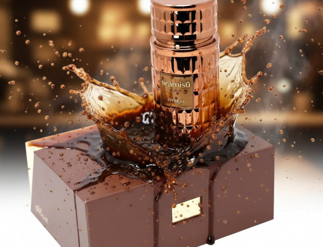 Zimaya Tiramisu Coco by Zimaya 100 ml EDP Unisex — Rose gold bottle with textured design, splashing brown liquid, on a chocolate-like box with gold accents.