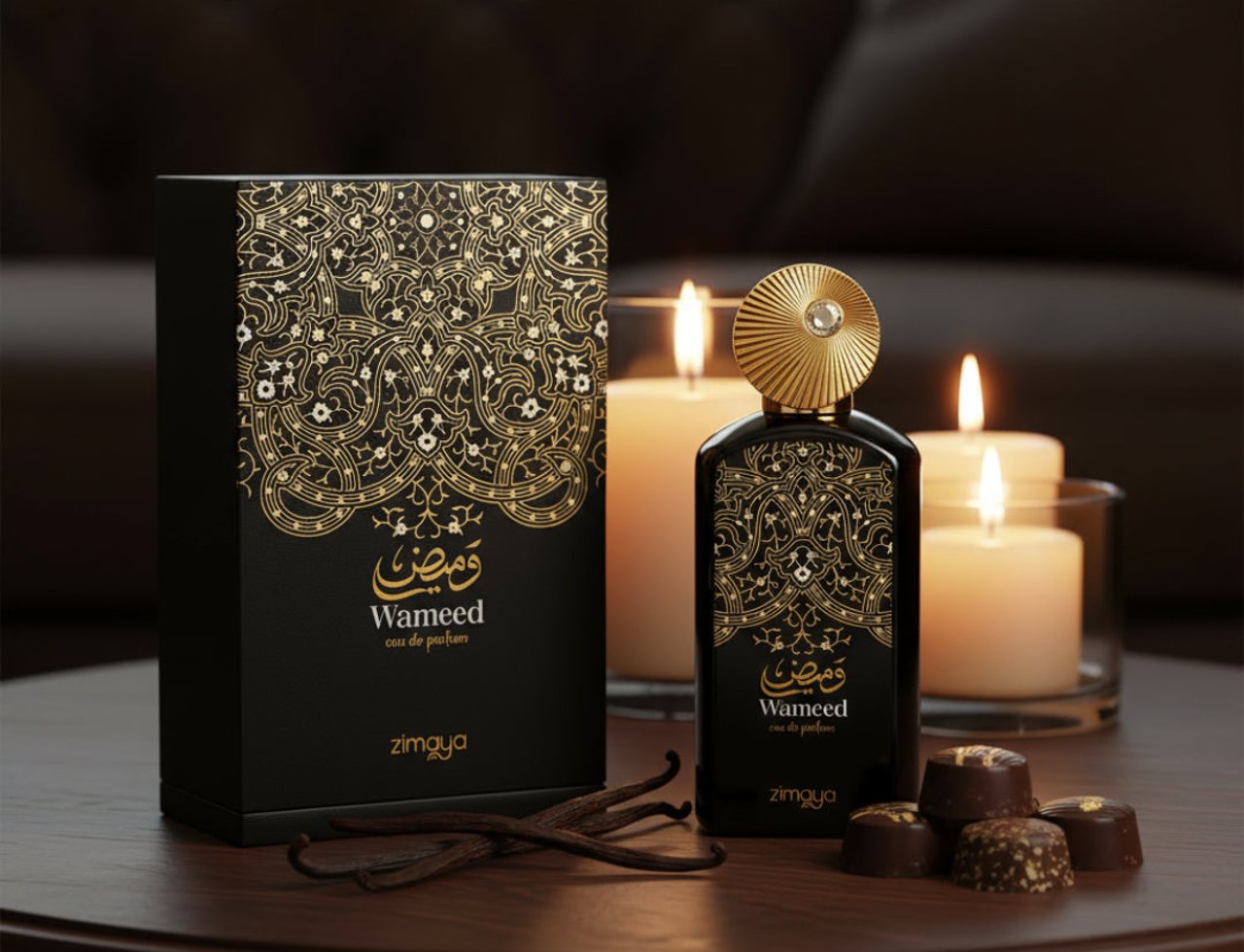 Zimaya Wameed by Zimaya 100ml Unisex EDP — Black perfume bottle and box with gold intricate design, next to lit candles and chocolates on a wooden table.