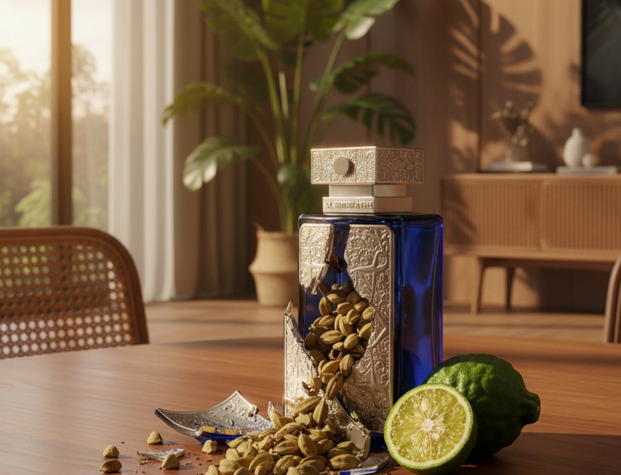 Zimaya Al Embratur Intense by Zimaya 100ml EDP Men — A blue glass perfume bottle with a cracked silver ornate overlay, spilling cardamom pods onto a wooden table, with a lime and a woven chair in the background.