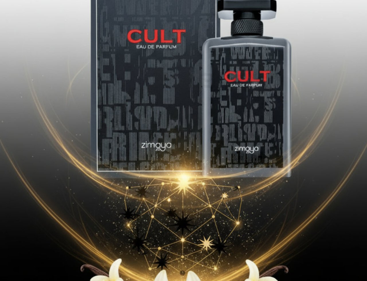 Zimaya Cult by Zimaya 100ml EDP Men — Black box and bottle with red 'CULT' text, set against a dark background with golden swirling lines, a geometric starburst, and vanilla flowers with pods.