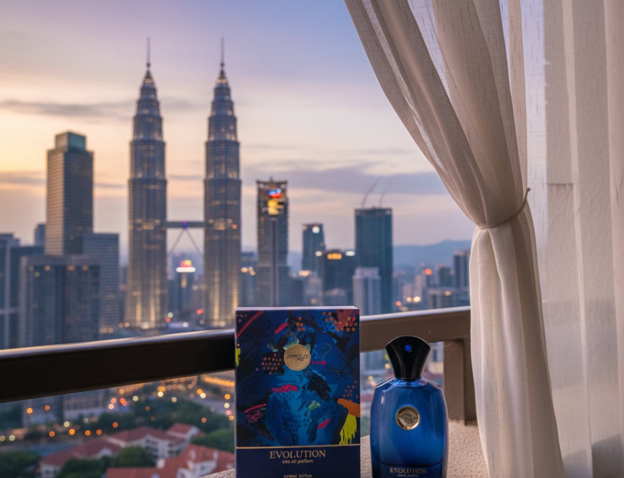 Zimaya Evolution by Zimaya 100ml EDP For Men — Botol dan kotak minyak wangi biru diletakkan di atas palang balkoni dengan latar belakang Menara Berkembar Petronas dan langit Kuala Lumpur senja, sedikit terlindung oleh langsir putih jarang.