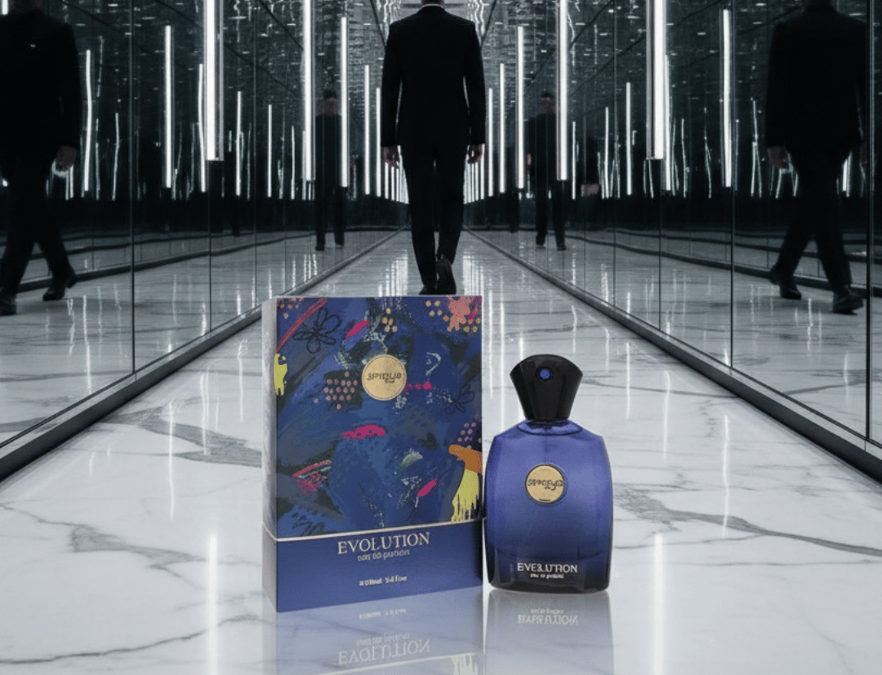 Zimaya Evolution by Zimaya 100ml EDP For Men — A blue perfume bottle and its matching box are displayed on a reflective marble surface, with a man in a suit walking away in a mirrored hallway.