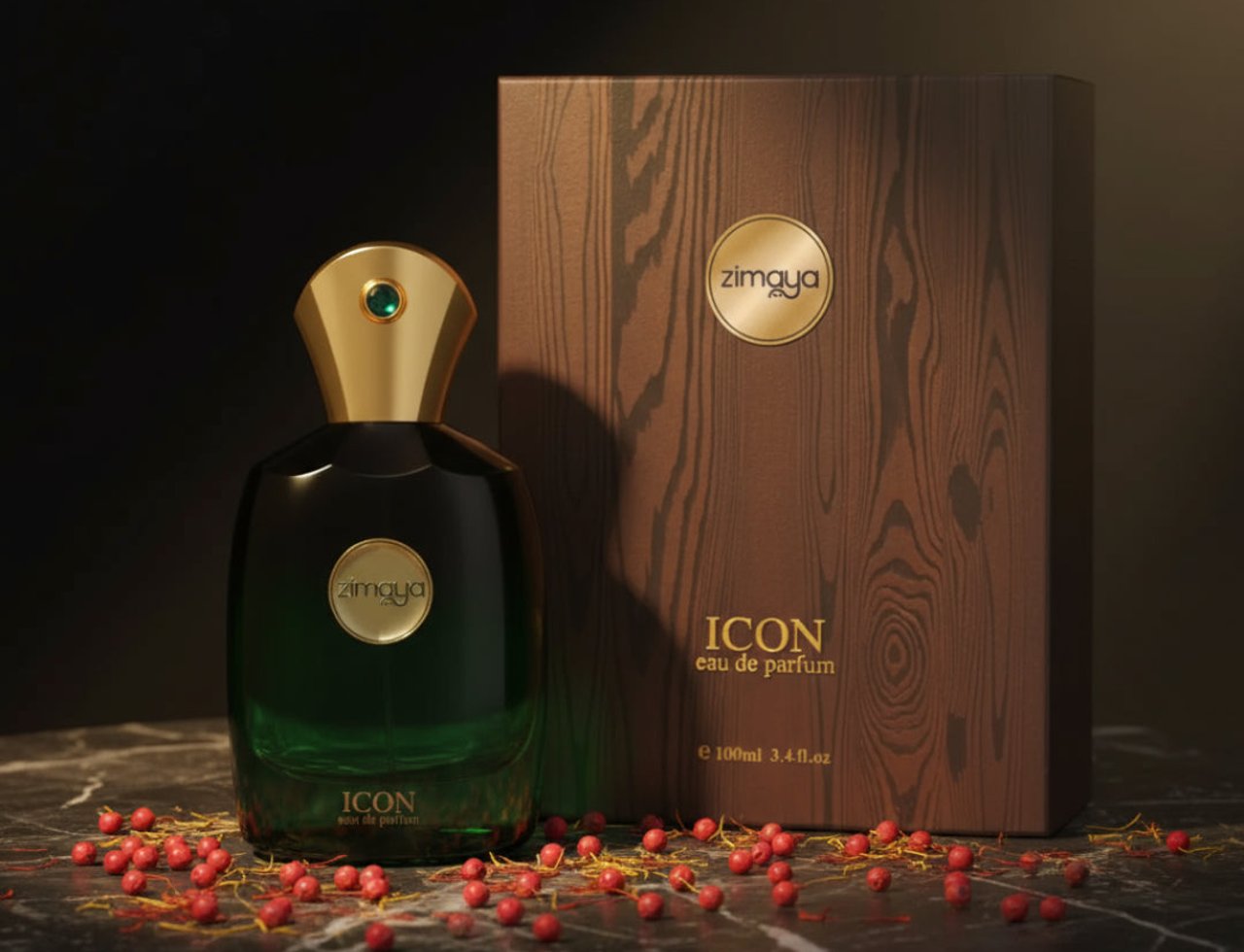 Zimaya Icon by Zimaya 100ml EDP for Men — Green glass perfume bottle with gold cap and green gem, next to a wooden-textured box, scattered with red peppercorns on a marble surface.