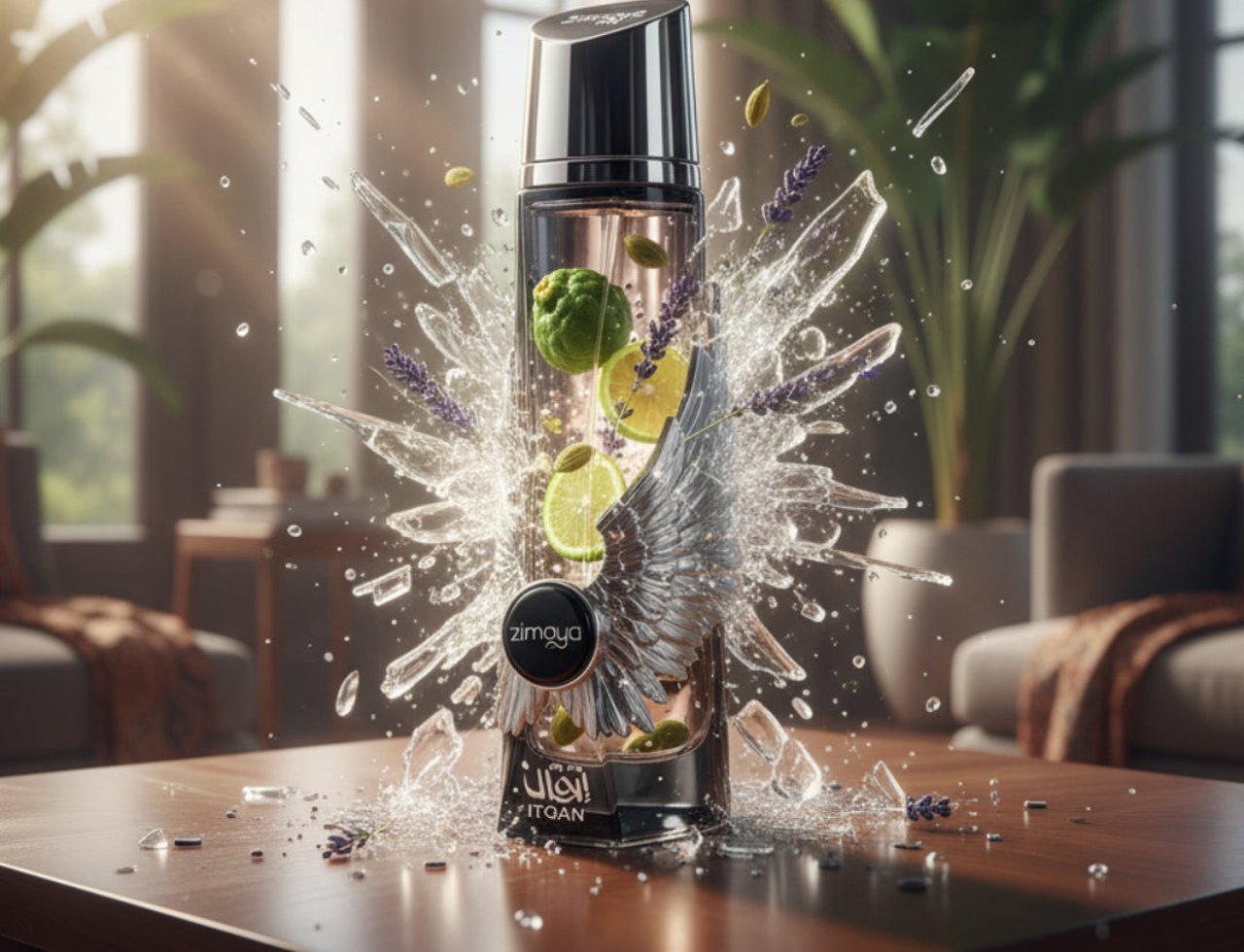 Zimaya Itqan Noir by Zimaya 100ml EDP Men — A glass perfume bottle with a silver wing design, surrounded by splashing water, lime slices, lavender sprigs, and cardamom pods, set on a wooden table.