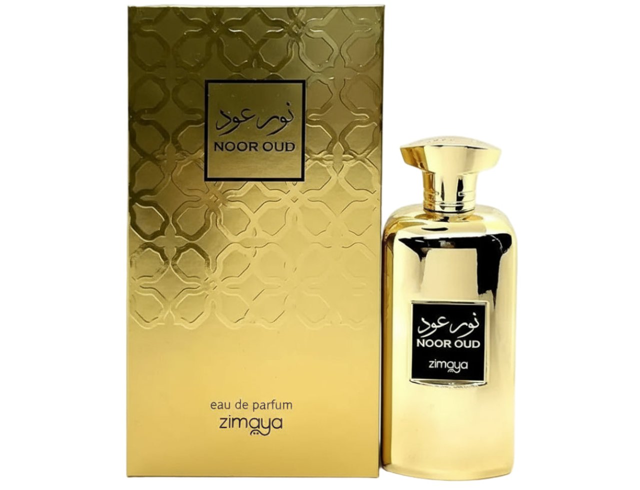 Zimaya Noor Oud Dubai 100ml EDP Unisex — Golden bottle and matching box with Arabic calligraphy and geometric pattern, presented on a white background.