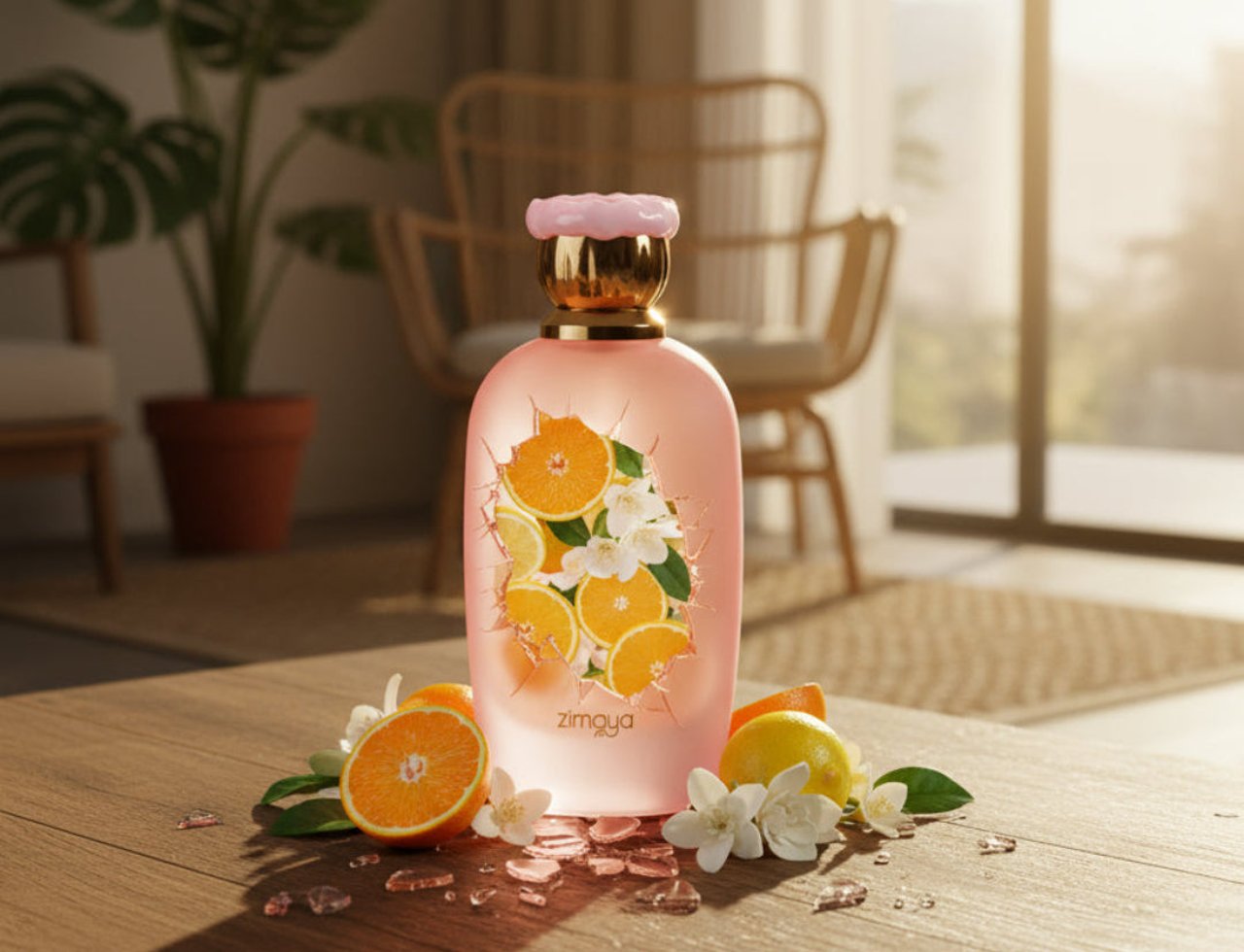 Zimaya Only You by Zimaya Perfume Elixir 100ML EDP — Pink perfume bottle with citrus and white flower design, surrounded by orange slices, lemon, and white blossoms on a wooden table.