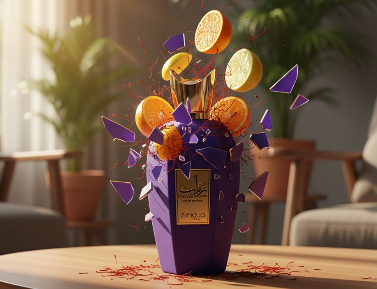 Zimaya Rabab Gems by Zimaya 100ml EDP Unisex — A purple perfume bottle exploding with citrus slices, saffron threads, and purple shards against a blurred indoor background with plants.