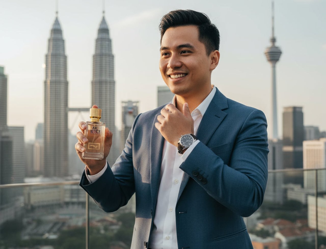 Zimaya Reflect by Zimaya 100ml EDP Unisex — Lelaki berbaju biru pegang botol wangian bertutup emas, tersenyum, dengan latar belakang bandar Kuala Lumpur.