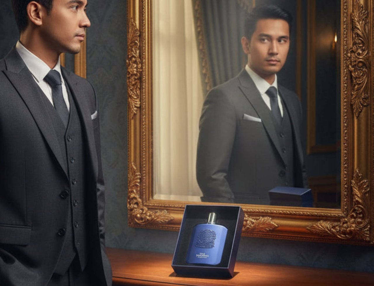 Zimaya Royal Paragon by Zimaya EDP 100ml Man — A man in a dark suit looks into a mirror, with a blue perfume bottle in a box on the dresser in the foreground.