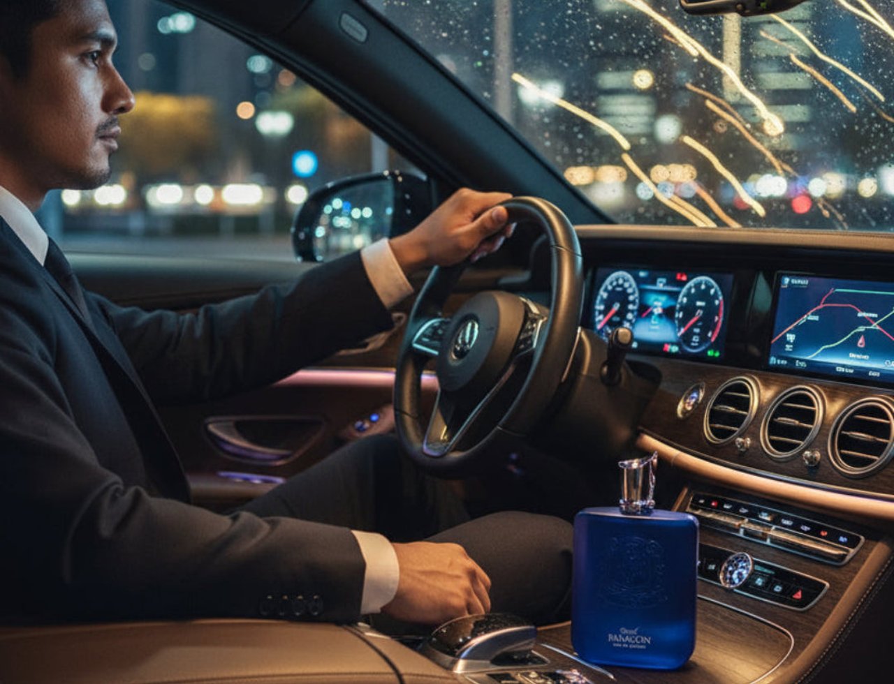 Zimaya Royal Paragon by Zimaya EDP 100ml Man — Lelaki bersuit memandu kereta mewah pada waktu malam, dengan botol minyak wangi biru di konsol tengah.
