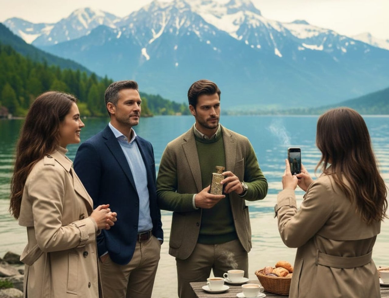 Zimaya Siada Nova by Zimaya 100 ml EDP — Three people by a lake with snow-capped mountains, one man holding a gold-accented perfume bottle, another taking a photo with a phone, and a table with coffee and pastries
