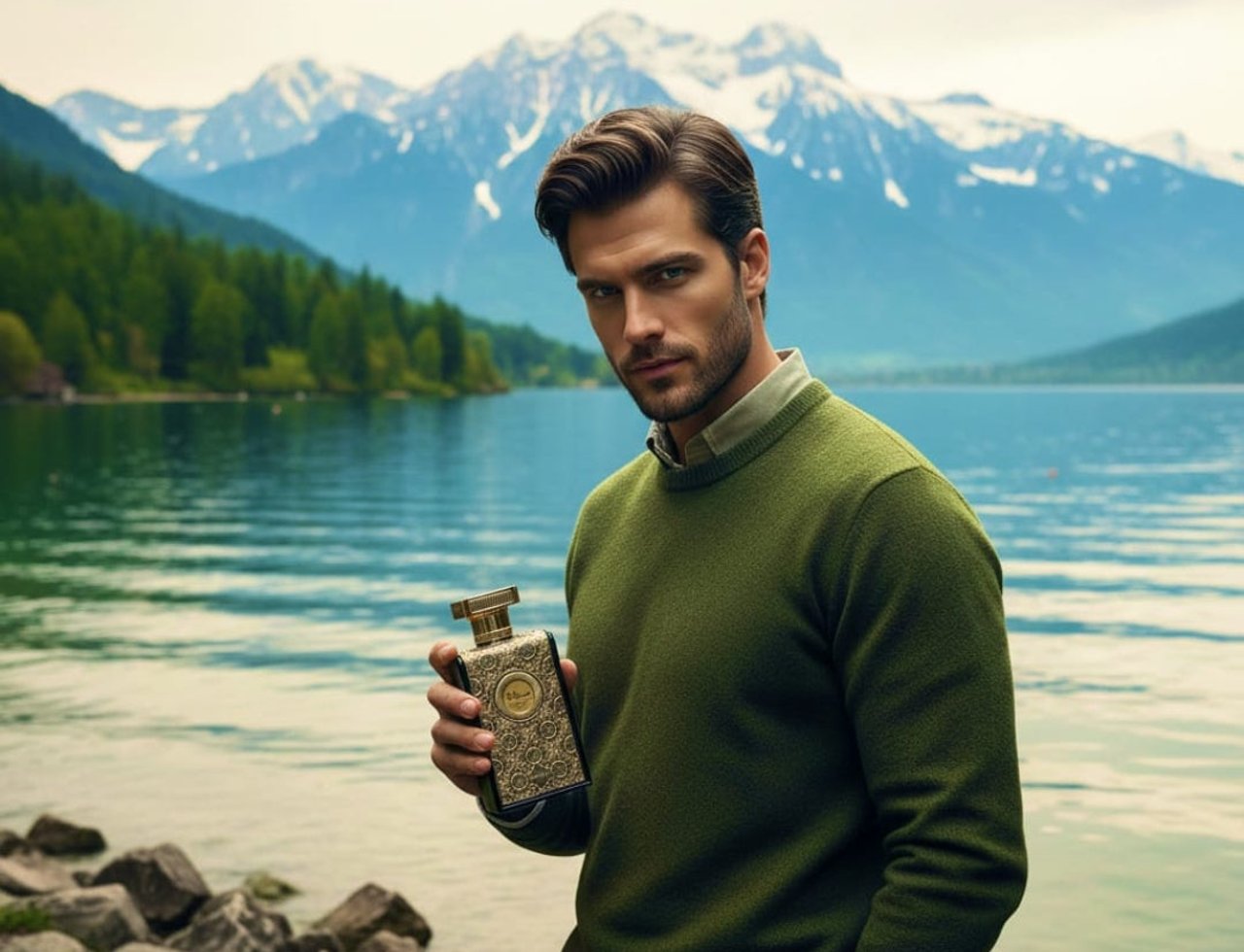 Zimaya Siada Regal by Zimaya 100 ml EDP — Lelaki pegang botol minyak wangi emas berukir di tepi tasik tenang dengan gunung bersalji di latar belakang.