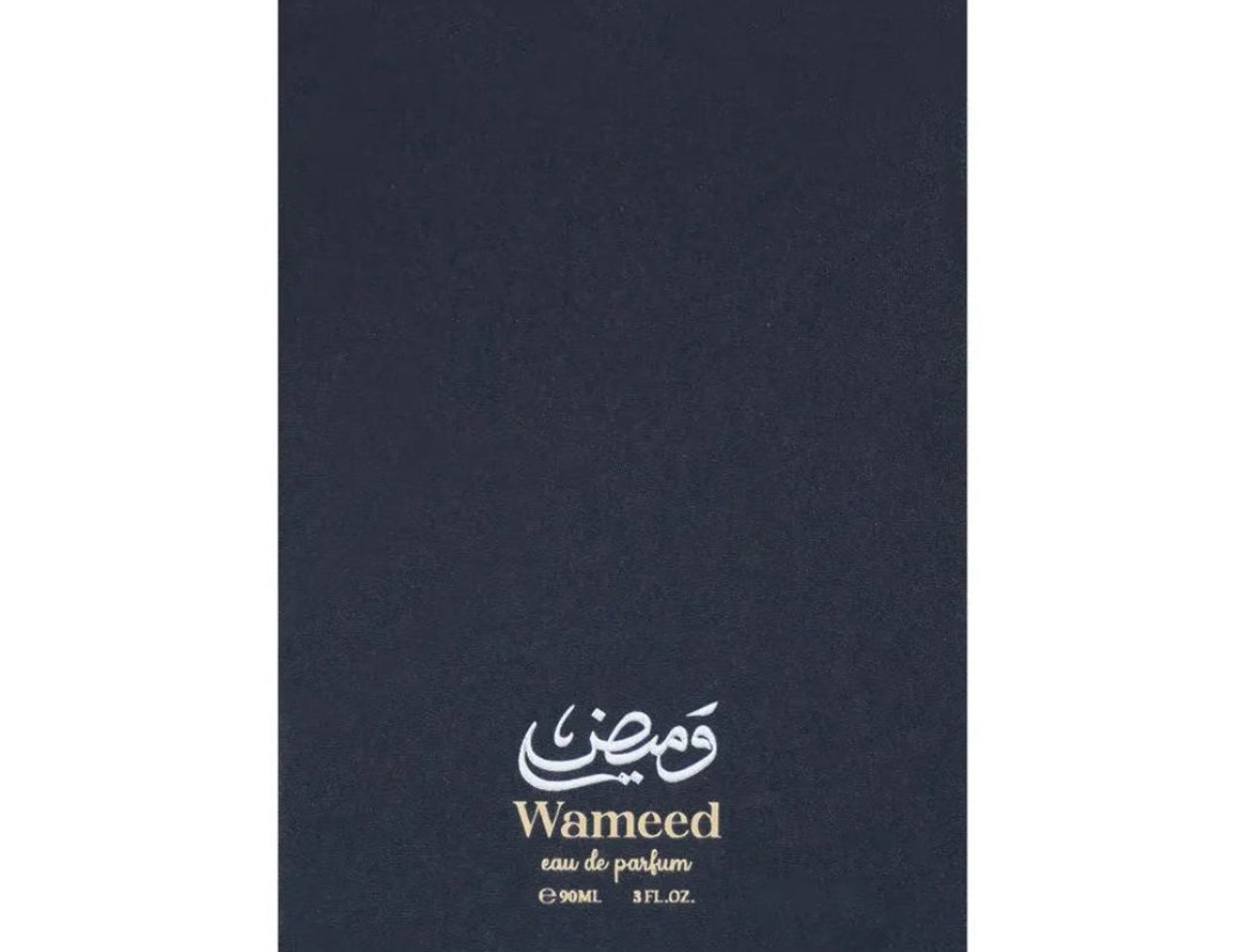 Zimaya Wameed by Zimaya 100ml Unisex EDP — Kotak biru gelap navy dengan tulisan kaligrafi Arab dan "Wameed eau de parfum 90ML 3FL.OZ." dicetak dalam warna emas.