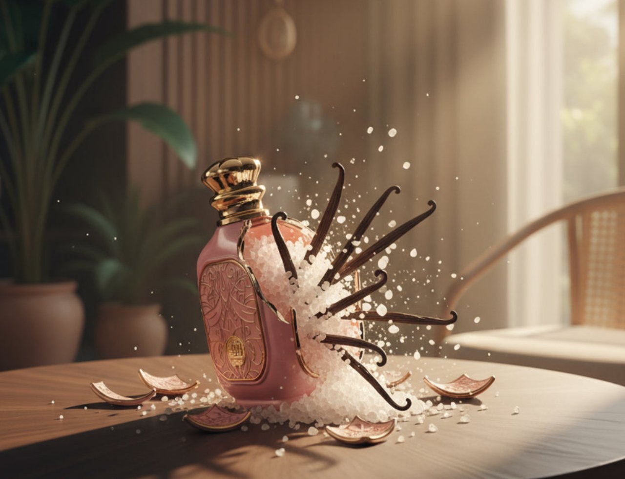 Zimaya Zukhruf Femme Pink oleh Zimaya 100ml EDP Wanita — Botol minyak wangi merah jambu bertutup emas dikelilingi kristal putih bertaburan dan kacang vanila, dengan pinggan kecil hiasan berwarna emas ros di atas meja kayu.