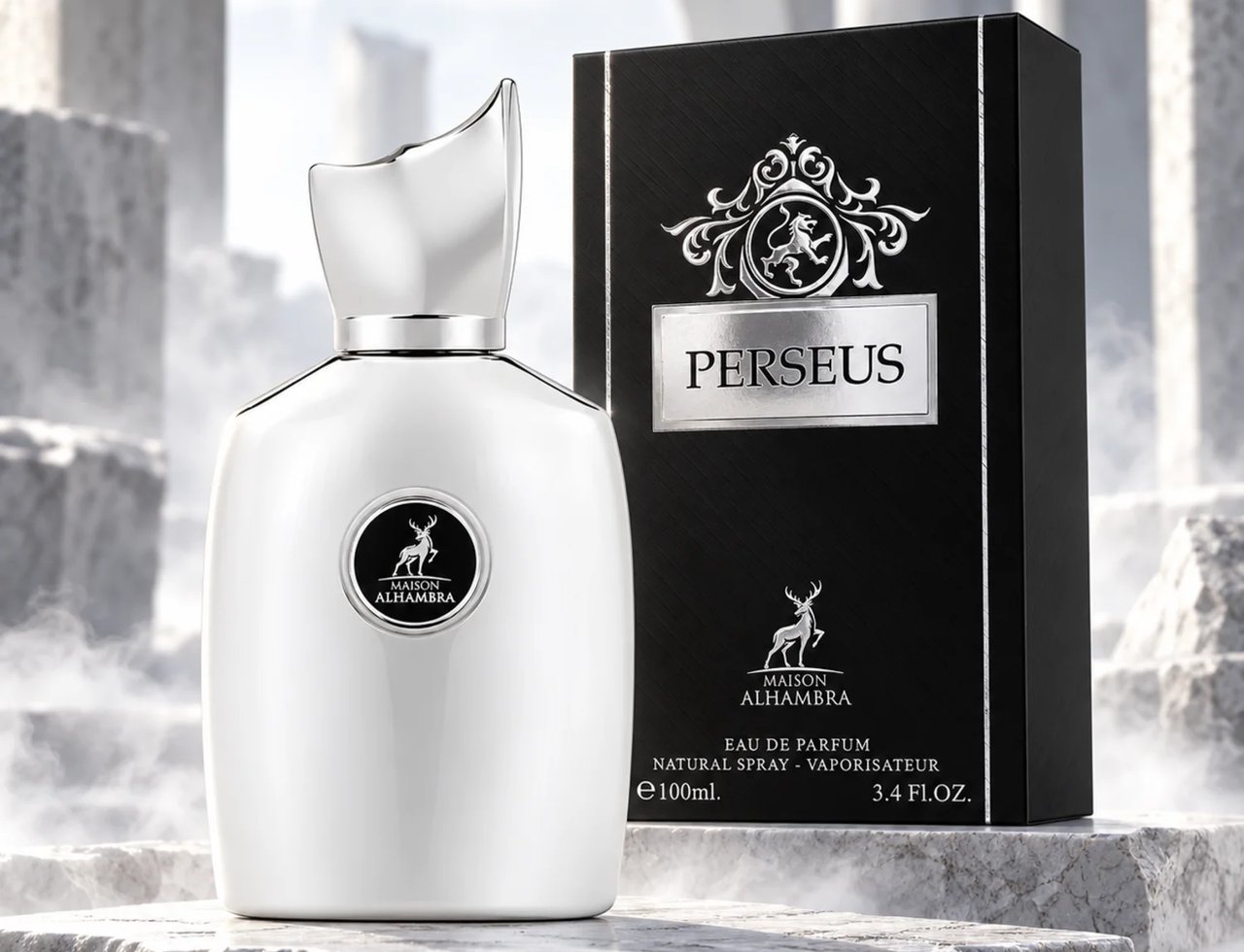 Maison Alhambra Perseus oleh Maison Alhambra 100ml EDP Lelaki — Botol minyak wangi putih bertutup perak dan logo rusa, sebelah kotak hitam bertulis perak, di atas permukaan berbatu dengan kabus.