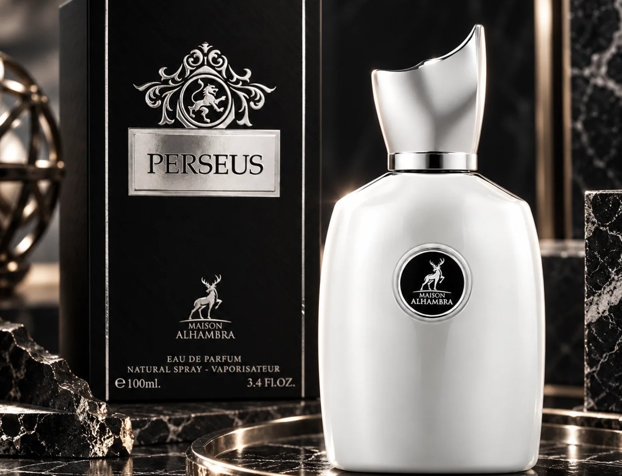 Maison Alhambra Perseus by Maison Alhambra 100ml EDP Men — White perfume bottle with silver cap and black box with silver emblem, on a marble tray with dark rocks.