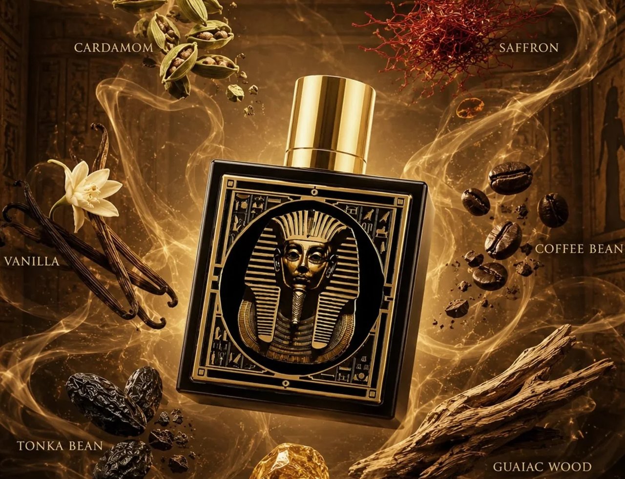 Rayhaan Pharaoh by Rayhaan 100ml EDP Unisex — Botol wangian hitam bersalut emas dengan rekaan Firaun di tengah, dikelilingi bahan-bahan seperti buah pelaga, vanila, kacang tonka, kayu guaiac, amber, kopi, dan saffron