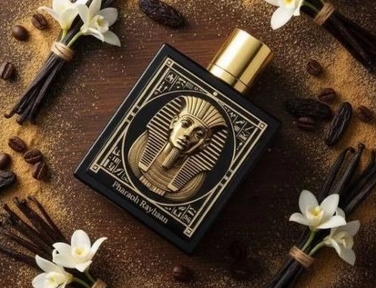 Pharaoh by Rayhaan 100ml EDP Unisex — Black bottle with gold pharaoh mask design, surrounded by vanilla pods, white flowers, coffee beans, and brown sugar on a wooden surface.