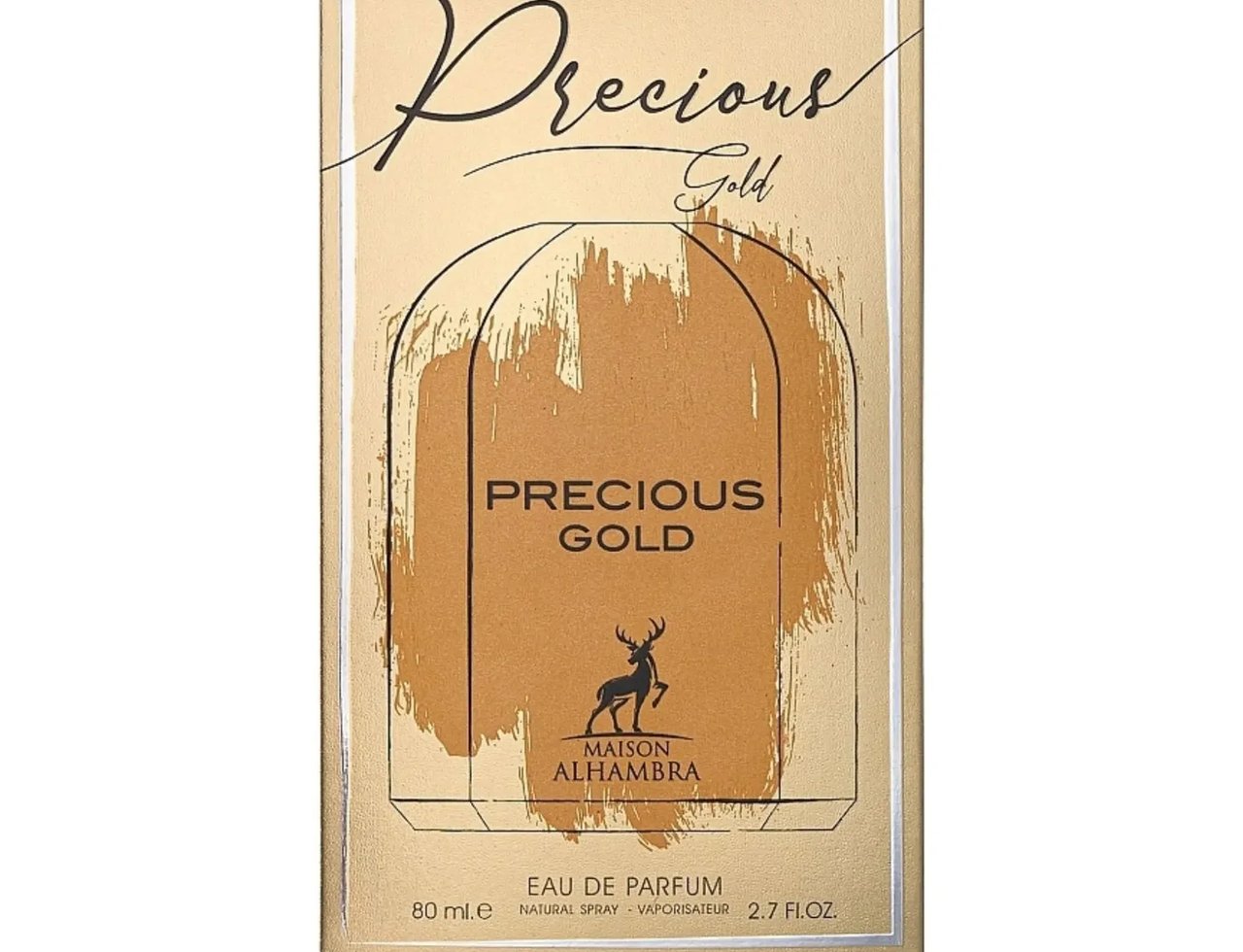 Maison Alhambra Precious Gold 80ml — Kotak emas bertekstur dengan tulisan 'Precious Gold' dan logo rusa di tengah, berserta maklumat produk di bahagian bawah.