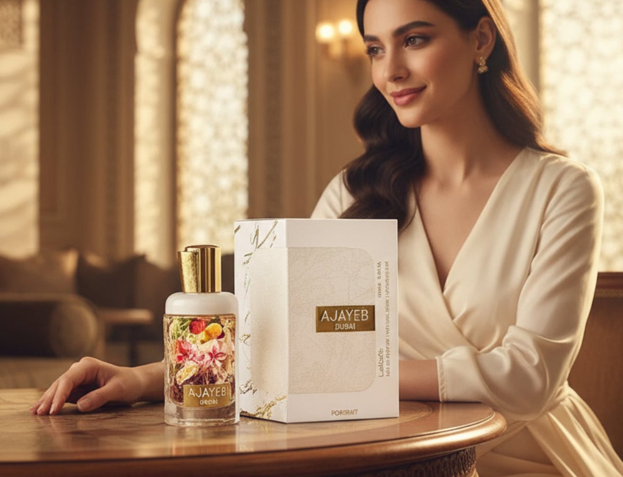 Lattafa Ajayeb Dubai Portrait by Lattafa EDP 100ml — Wanita berbaju krim duduk di meja bersama botol minyak wangi dan kotaknya, pencahayaan lembut