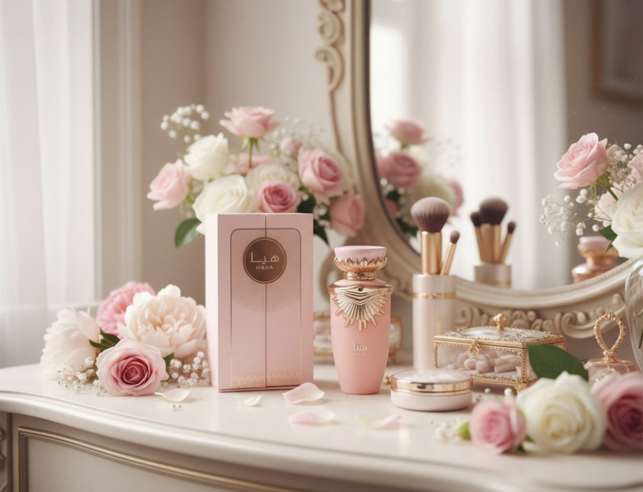 Lattafa Haya by Lattafa Perfumes – 100 ml untuk Wanita, botol dan kotak minyak wangi merah jambu dengan bunga ros dan berus solek di atas meja solek.