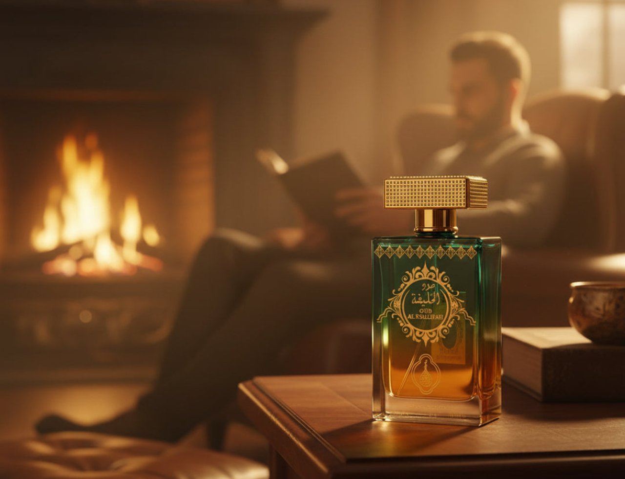 Mahabub Perfume Oud Al Khalifah by Mahabub Perfumes – 100 ml, botol minyak wangi mewah bertutup emas dan kaca gradien hijau ke jingga, diletakkan di atas meja kayu bersebelahan buku, dengan lelaki membaca di tepi pendiangan api di latar belakang kabur.