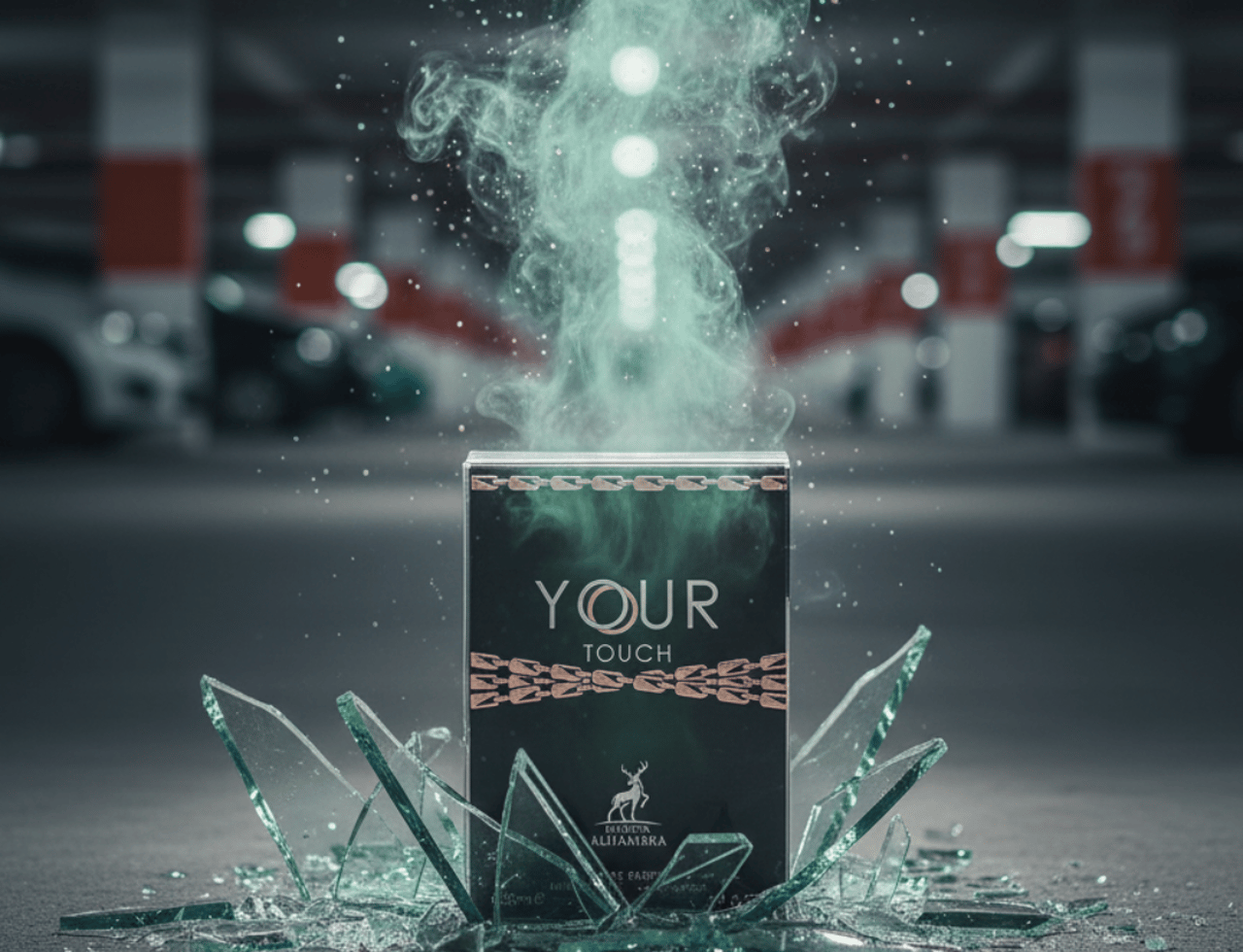 Maison Alhambra Your Touch Man by Maison Alhambra – 100 ml, a dark green box with gold accents, surrounded by shattered glass, with green smoke rising from the top.