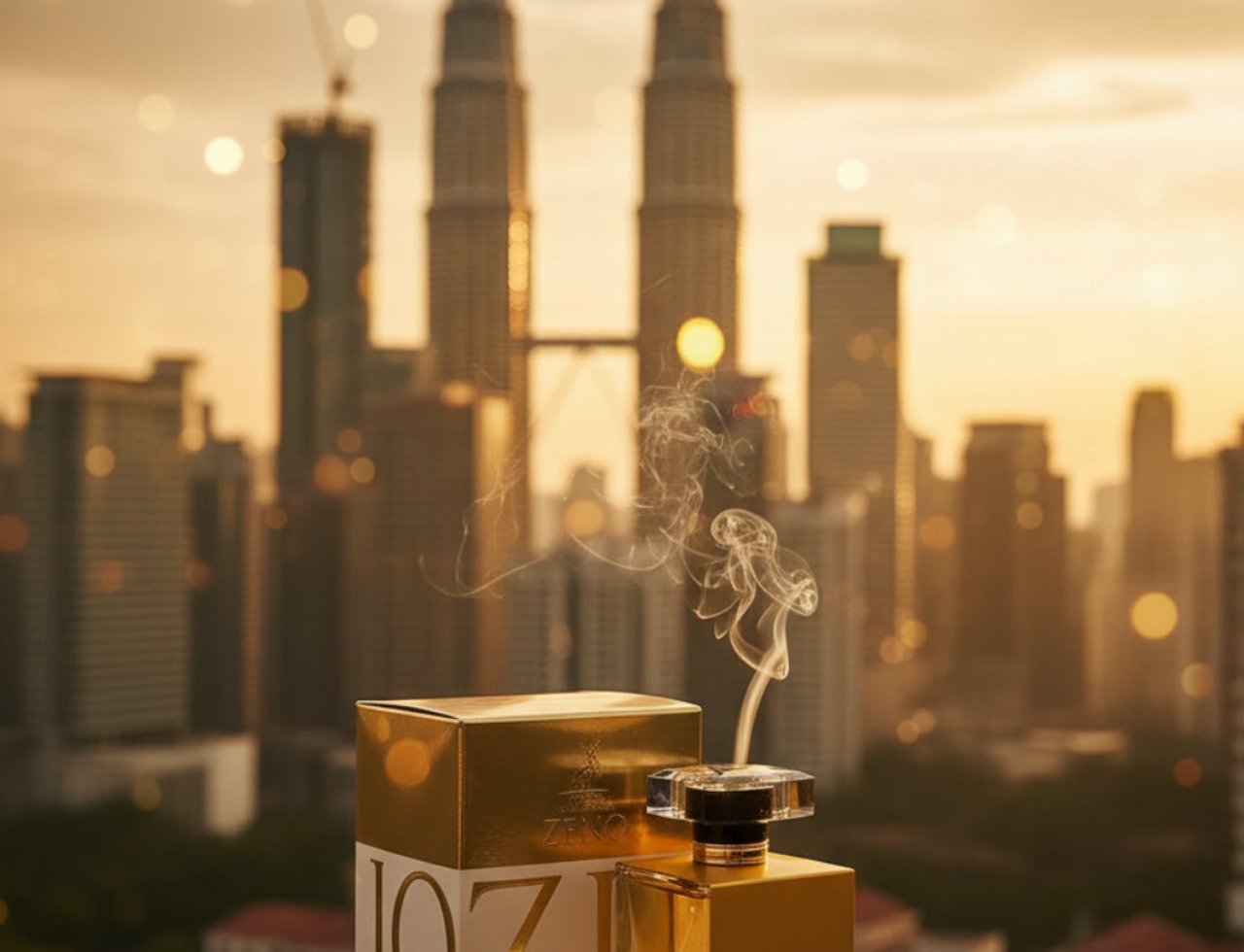 Maison Alhambra Zeno by Maison Alhambra – 100 ml for Women, botol minyak wangi emas dan kotaknya di atas unjuran dengan latar langit bandar dan menara berkembar waktu matahari terbenam, asap nipis naik dari botol.