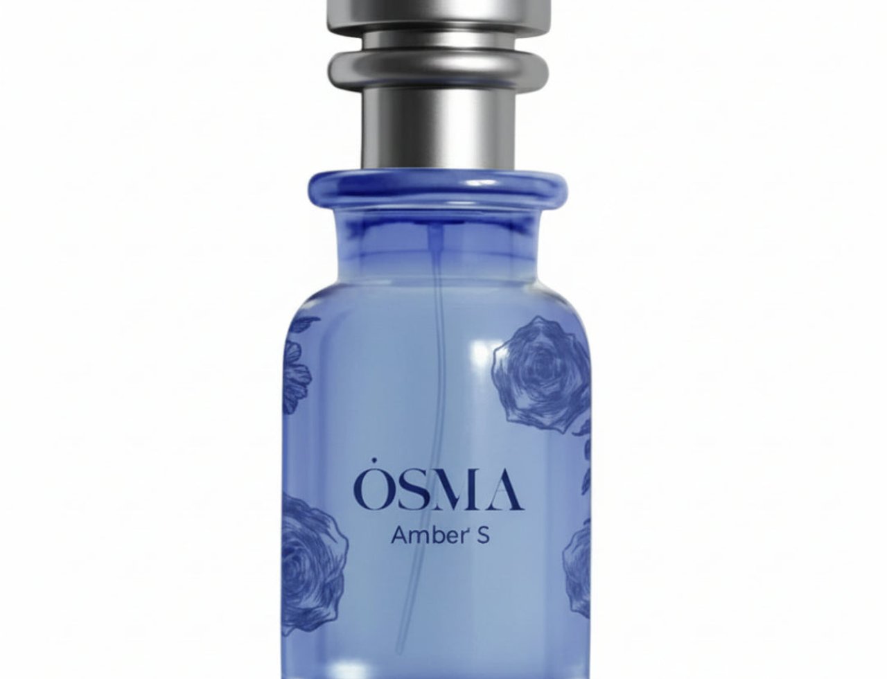 Osma Amber S Rose Osma 75ml EDP — Blue glass perfume bottle with silver cap, decorated with dark blue rose illustrations.