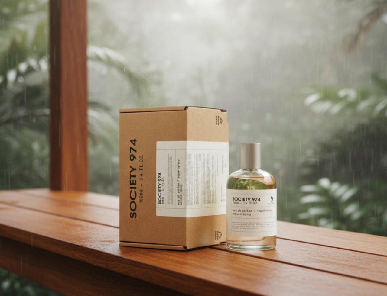 Volare Society 974 Volare 100 ml EDP Unisex — A glass perfume bottle and its cardboard box sit on a wet wooden bench, with rain falling outside a window and lush green foliage in the background.