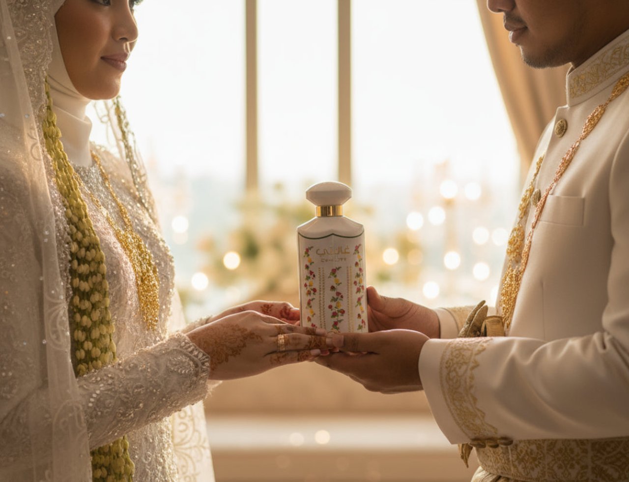 Ard Al Zaafaran Ghality by Ard Al Zaafaran 100ml EDP Women — Bride and groom holding a floral perfume bottle during a